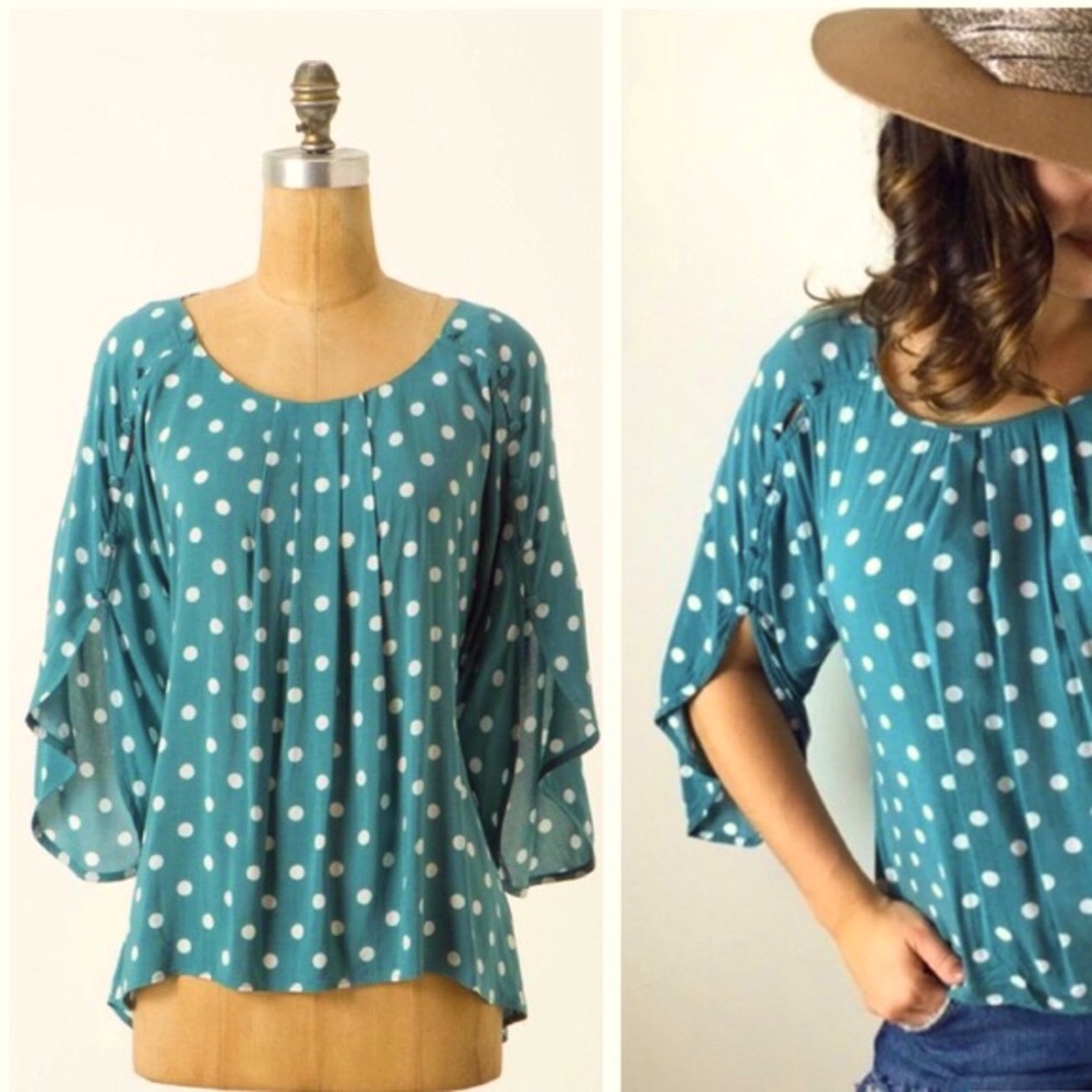 Anthropologie Maeve polka dots teal blouse Sz S